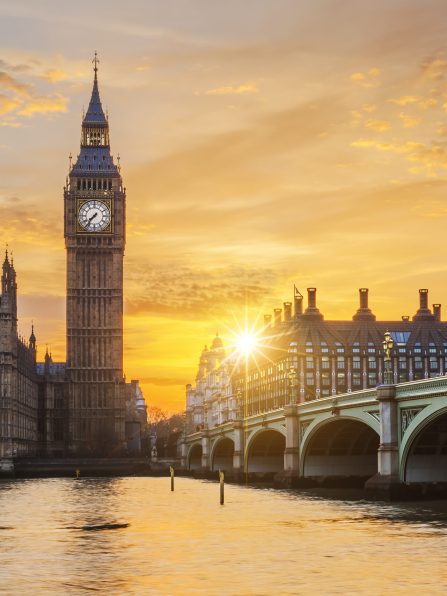 Big Ben and Westminster Bridge at sunset, London, UK